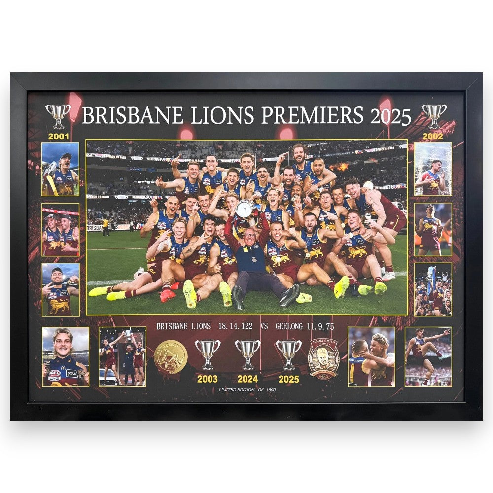 2025 Brisbane Lions FC PREMIERS 75M x 55CM Team Poster Wooden Frame Memorabilia - My Store