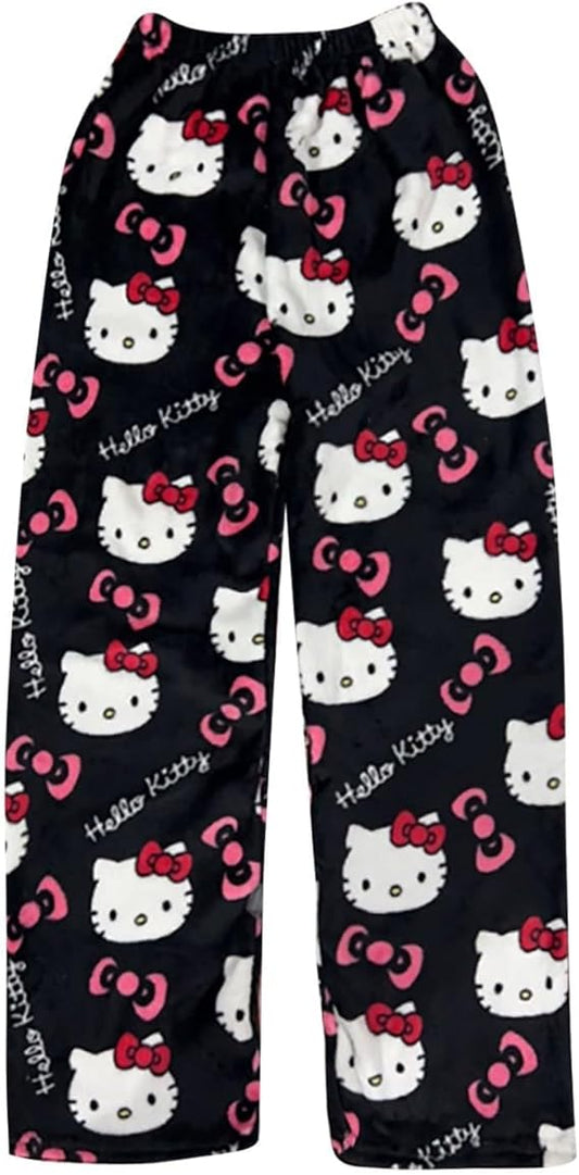Black Hello Kitty Pajama Pants Women's Flannel winter Pajamas Bottoms Girls Soft Comfy Sleep Lounge Fuzzy Long Pant - Homeware Discounts