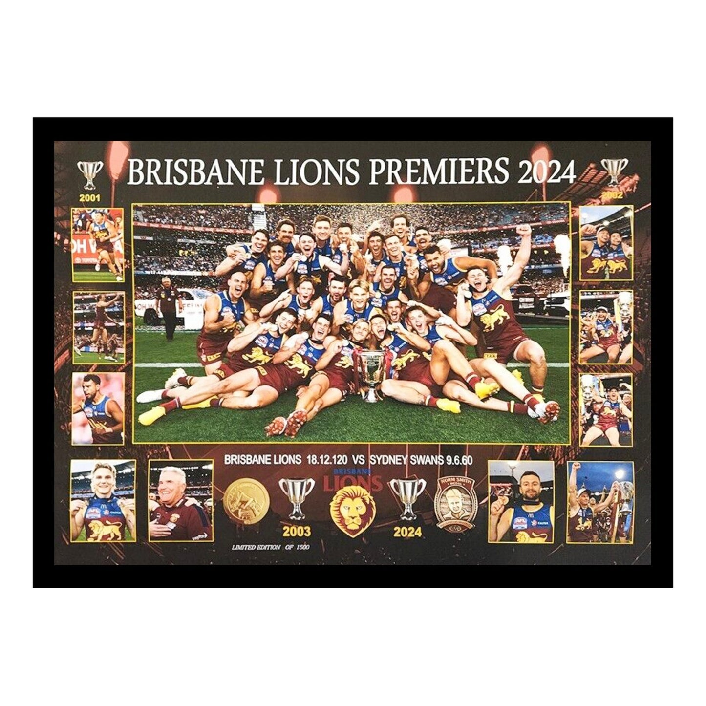 Brisbane FC 2024 PREMIERS 75M x 55CM Team Poster Wooden Frame MEMORABILIA - Homeware Discounts