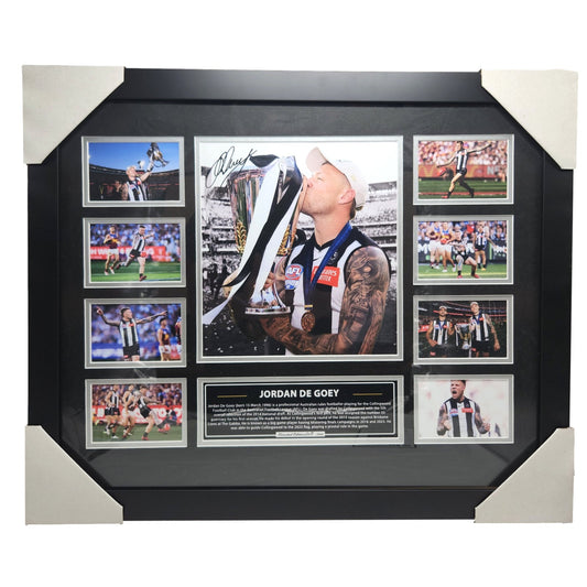 Collingwood FC 2023 PREMIERS Jordan De Goey 56CM x 46CM Team Poster Wooden Frame MEMORABILIA - Homeware Discounts