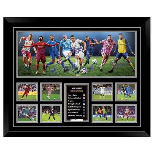 SOCCER STARS Harry Kane Mo Salah Neymar Erling Haaland Jude Bellingham Mbappe Messi Ronaldo Soccer Football Limited Photo Memorabilia Wooden Frame - Homeware Discounts