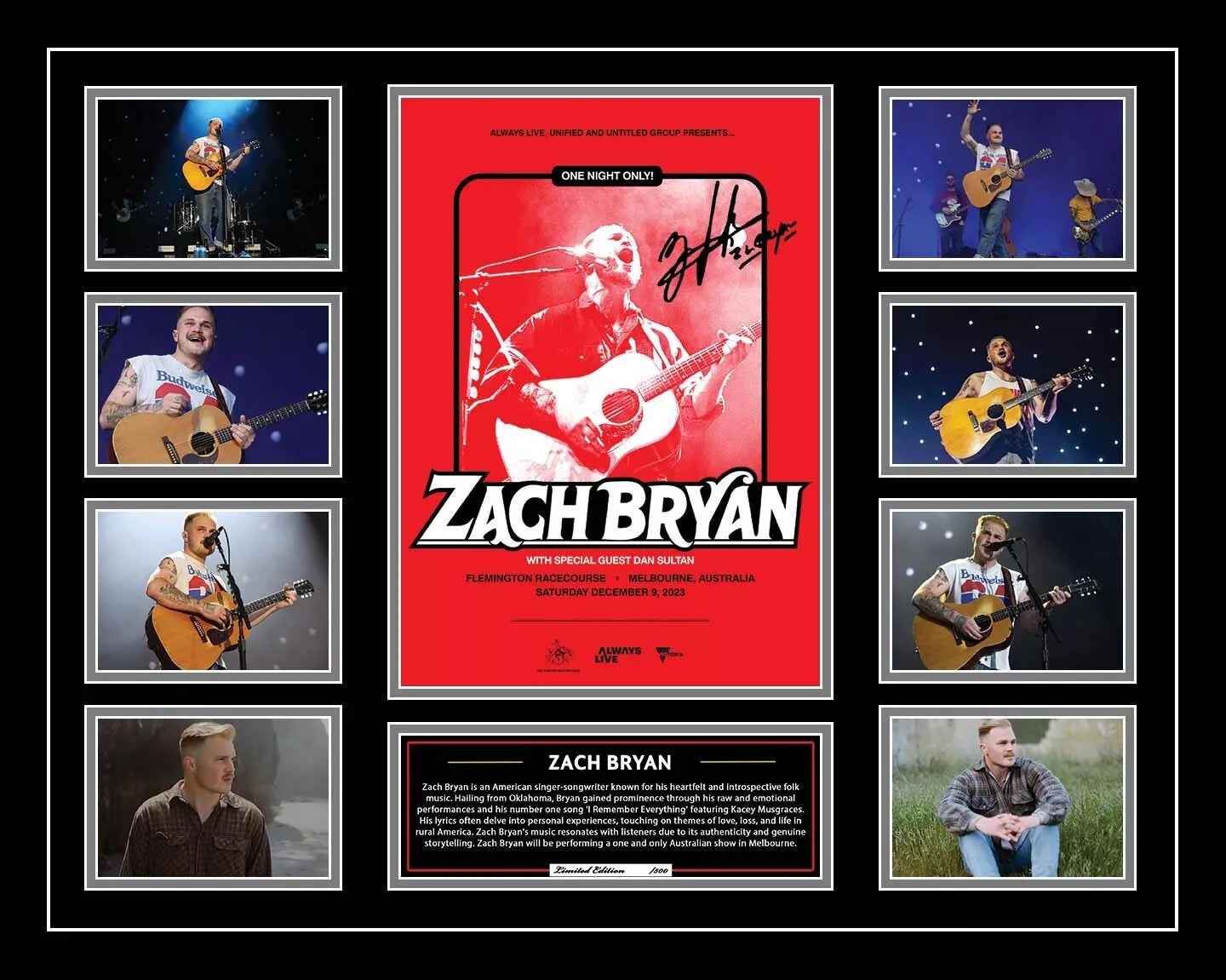 ZACH BRYAN Australia Tour 2023 Signed Limited Photo Memorabilia Frame