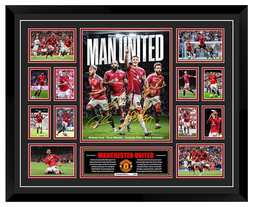 MANCHESTER UNITED FC 2025/26 FERNANDES MBEUMO CUNHA Signed Limited Photo Memorabilia Frame