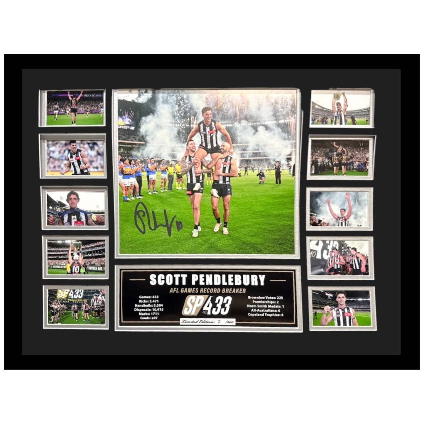 Collingwood FC 433 Games Scott Pendlebury 56CM x 46CM Team Poster Wooden Frame MEMORABILIA - Homeware Hobbies