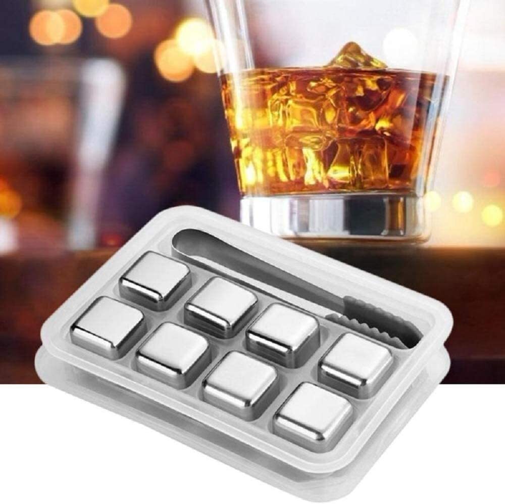Stainless Steel Whiskey Stones x 8 Ice Cubes Tong Reusable Cooling Ice Cube Wine Drink Beer - Homeware Discounts
