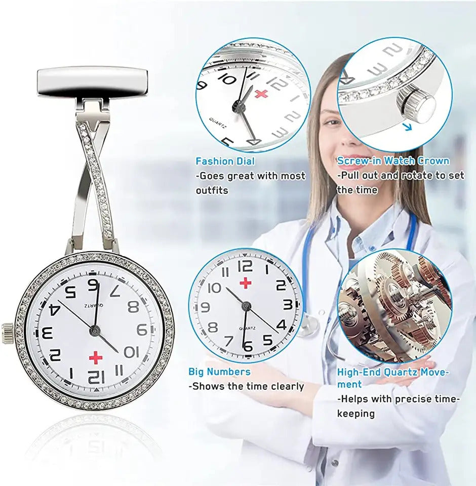 Silver Twist Metal Nurse Watch Brooch Pin Tunic Fob Nursing Nurses Pendant Pocket Watch Glow in Dark - Homeware Discounts