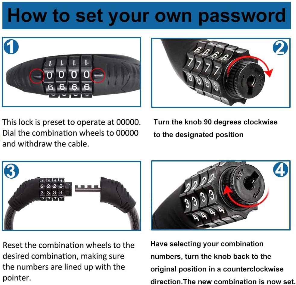 Bike code Lock Cable 4 Digit Resettable Combination Security Cable Lock Self Coiling Cable Lock Bike Bicycle - My Store