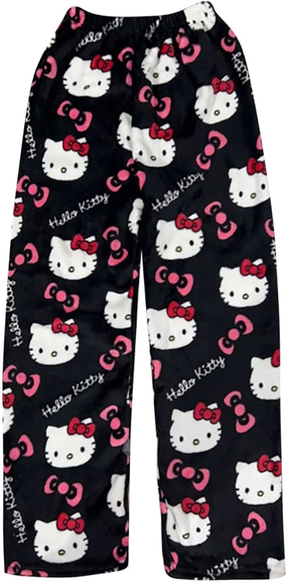 Black Hello Kitty Pajama Pants Women's Flannel winter Pajamas Bottoms Girls Soft Comfy Sleep Lounge Fuzzy Long Pant - Homeware Discounts