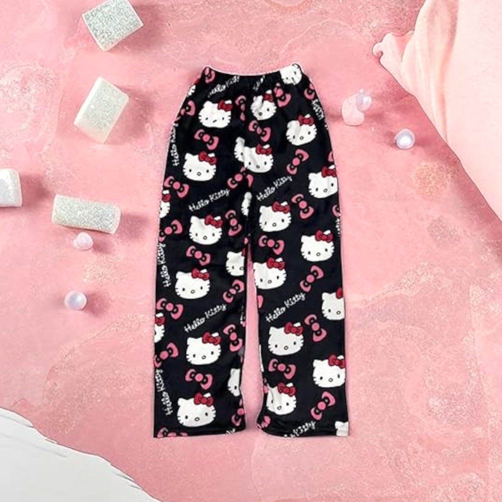 Black Hello Kitty Pajama Pants Women's Flannel winter Pajamas Bottoms Girls Soft Comfy Sleep Lounge Fuzzy Long Pant - My Store