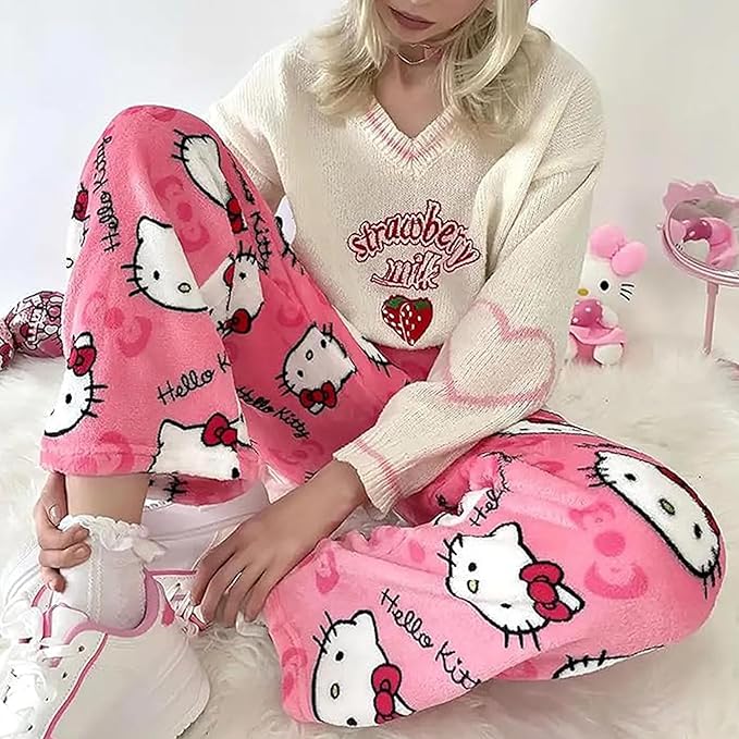 Hello Kitty Pajama Pants Women's Flannel winter Pajamas Bottoms Girls Soft Comfy Sleep Lounge Fuzzy Long Pant - Homeware Discounts