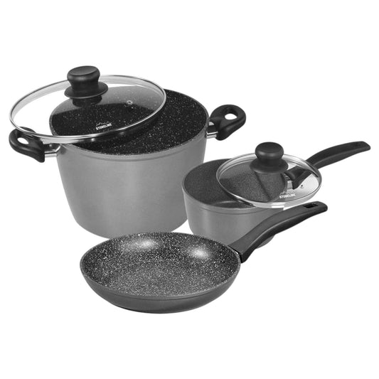Warimex Stoneline 5Pcs Aluminium Cookware Set Stewing Pot Saucepan Frying Pan Glass Lids Suitable Induction - My Store