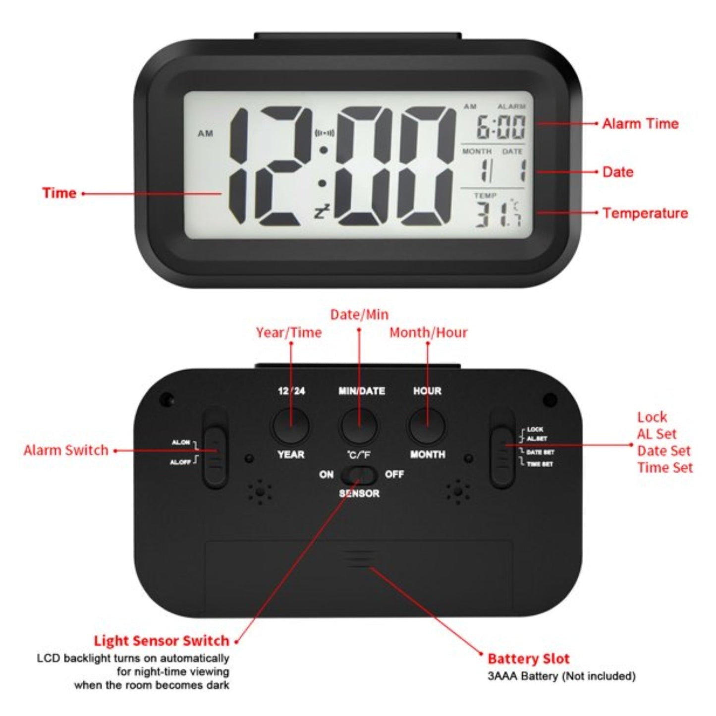 Digital Clock LCD Alarm Clock Backlight Time Light Sensor - Homeware Discounts