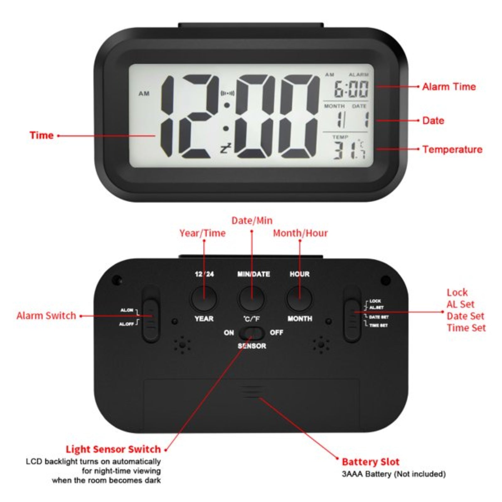 Digital Clock LCD Alarm Clock Backlight Time Light Sensor - Homeware Discounts