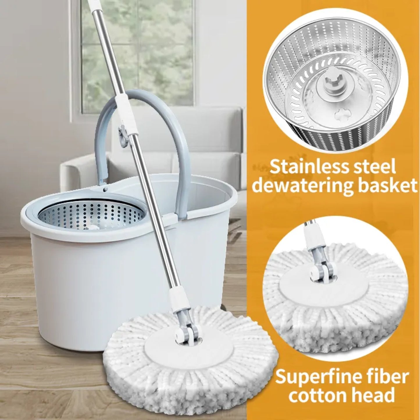 360 9 Litre Spin Mop with Bucket Extra Large Hands Free Stainless Steel Magic Mop +2 Heads - Homeware Discounts