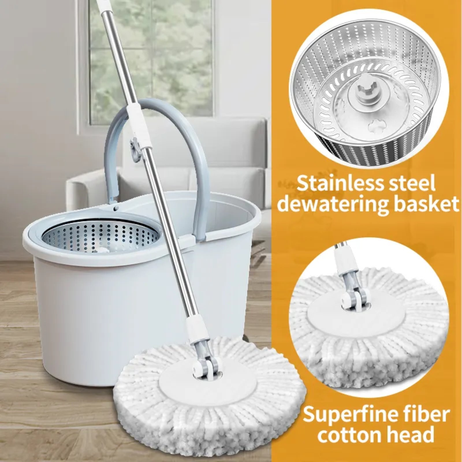360 9 Litre Spin Mop with Bucket Extra Large Hands Free Stainless Steel Magic Mop +2 Heads - Homeware Discounts