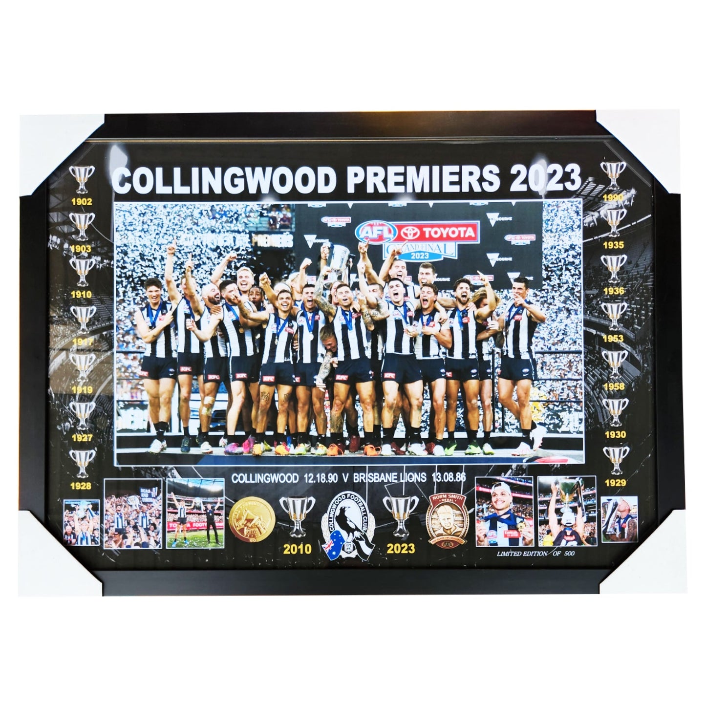 Collingwood FC 2023 AFL PREMIERS 75M x 55CM Team Poster Wooden Frame MEMORABILIA - Homeware Discounts