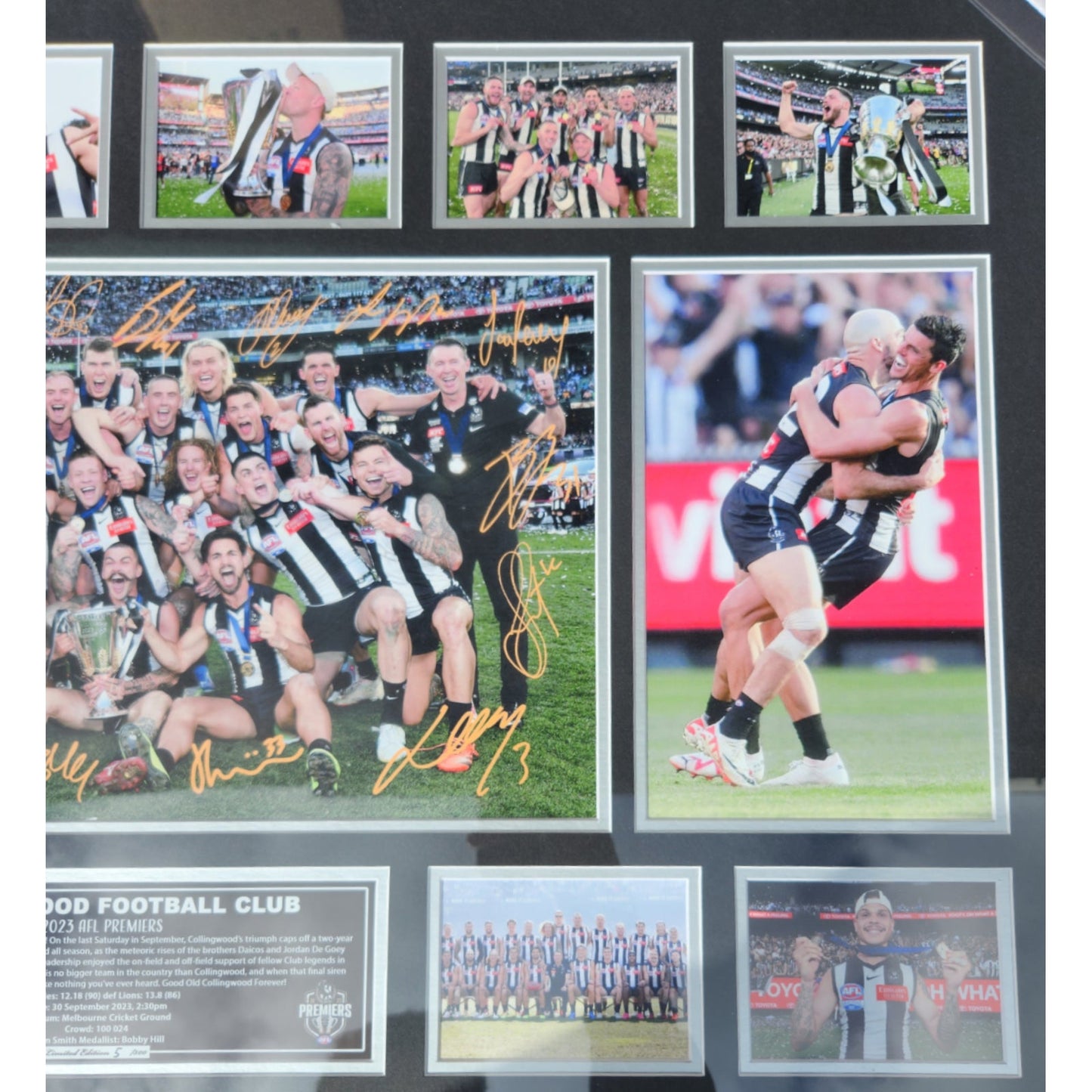 Collingwood FC 2023 AFL PREMIERS 86CM x 56CM Team Poster Wooden Frame MEMORABILIA - Homeware Discounts
