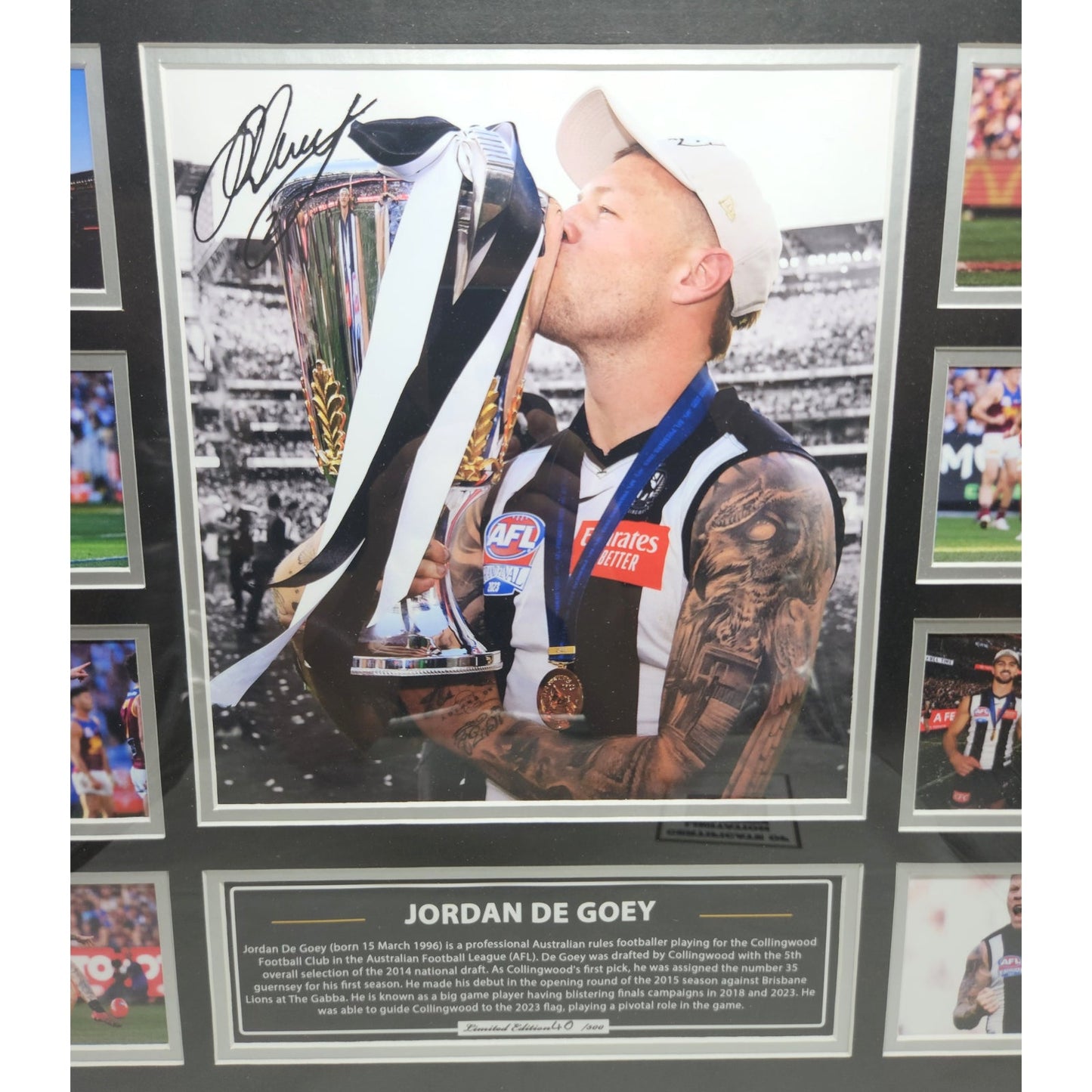 Collingwood FC 2023 PREMIERS Jordan De Goey 56CM x 46CM Team Poster Wooden Frame MEMORABILIA - Homeware Discounts