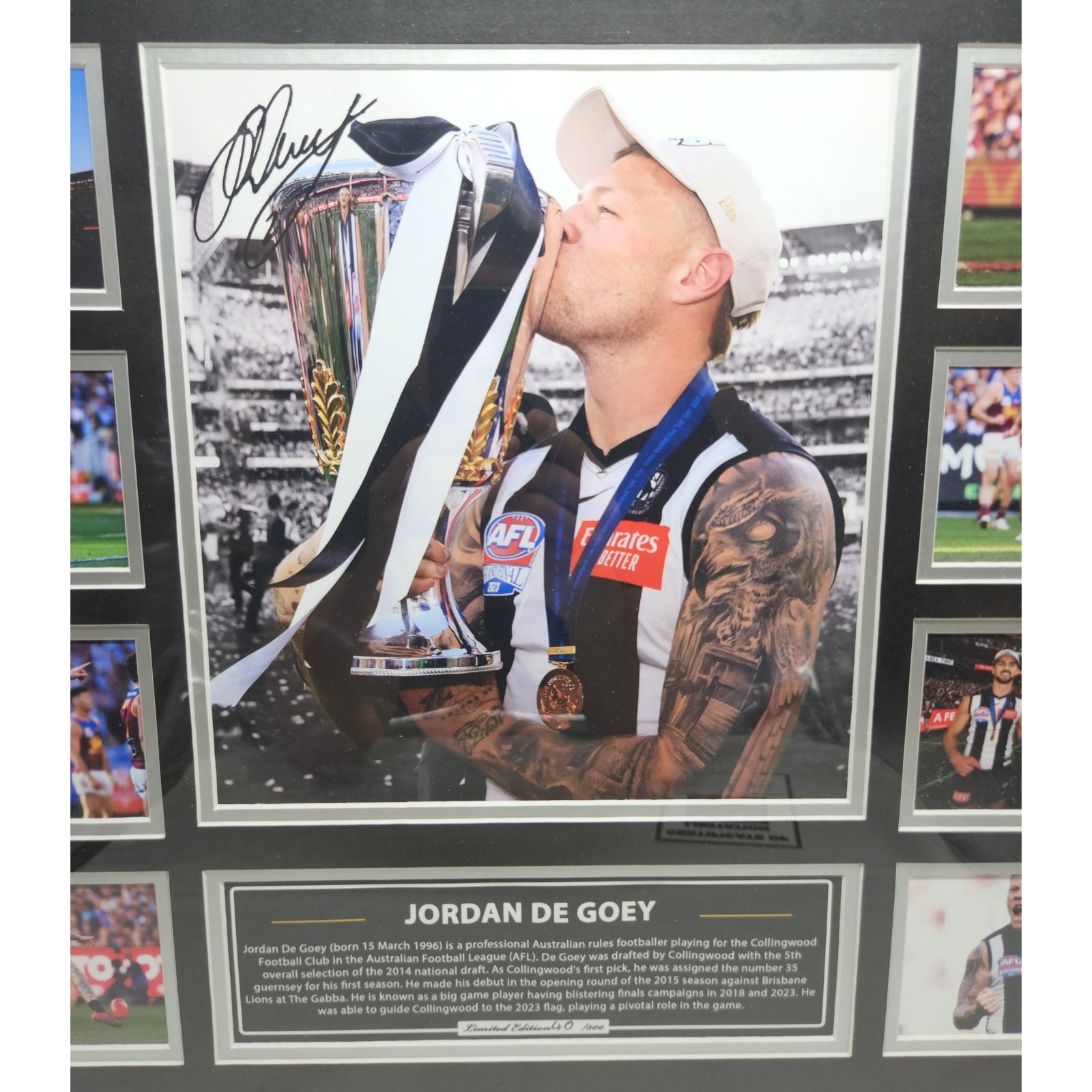 Collingwood FC 2023 PREMIERS Jordan De Goey 56CM x 46CM Team Poster Wooden Frame MEMORABILIA - Homeware Discounts