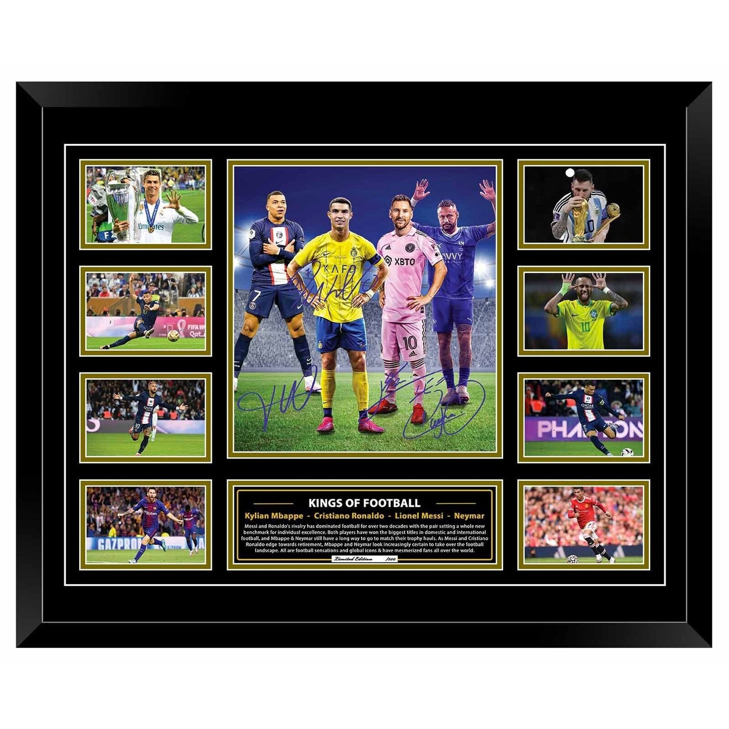 KINGS OF FOOTBALL Mbappe Ronaldo Messi Neymar Soccer Football Limited Photo Memorabilia Wooden Frame - Homeware Discounts