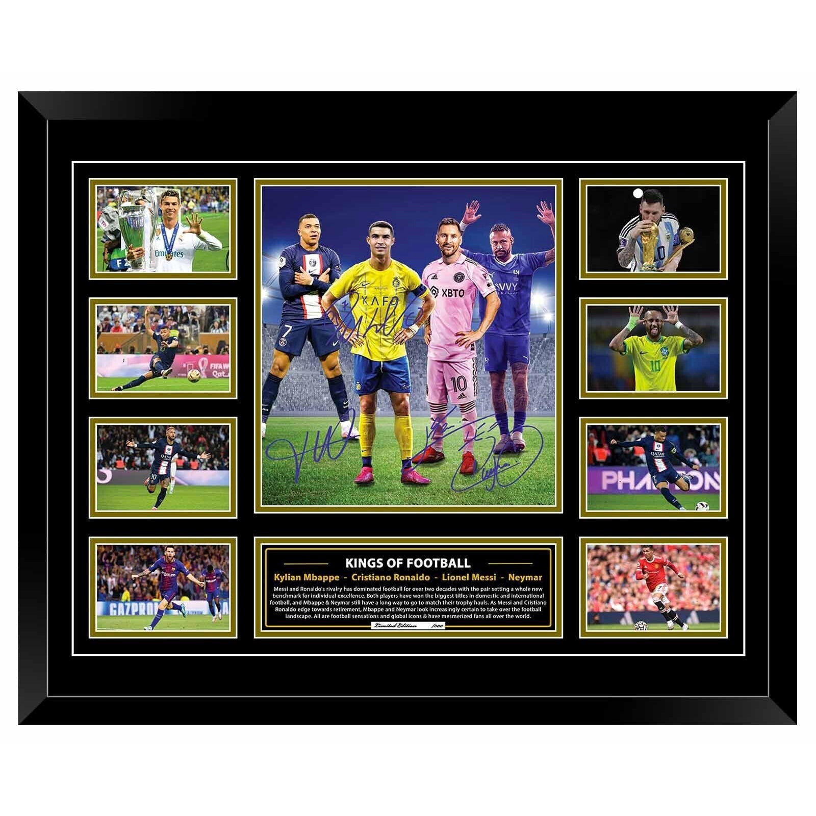KINGS OF FOOTBALL Mbappe Ronaldo Messi Neymar Soccer Football Limited Photo Memorabilia Wooden Frame - Homeware Discounts