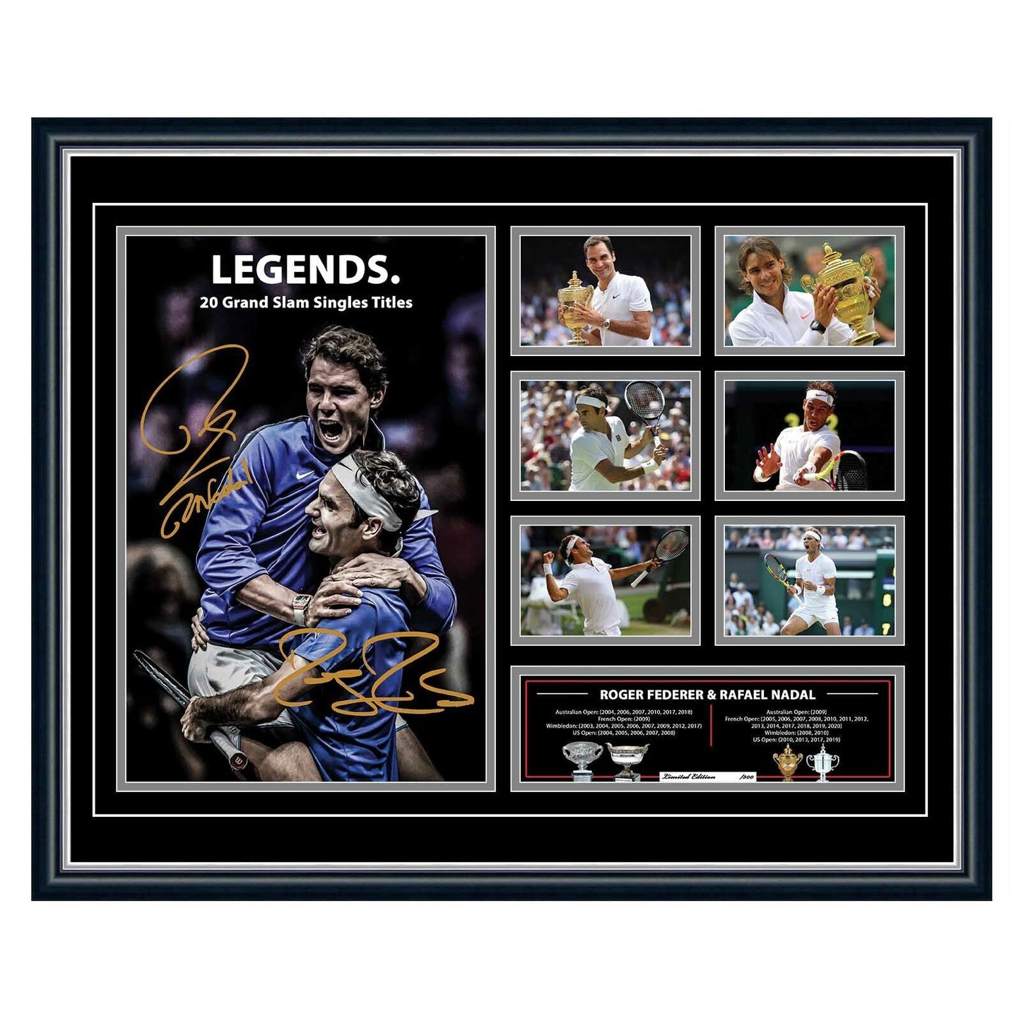 ROGER FEDERER & RAFAEL NADAL 20 GRAND SLAMS Tennis Limited Edition Photo Memorabilia Wooden Frame - Homeware Discounts
