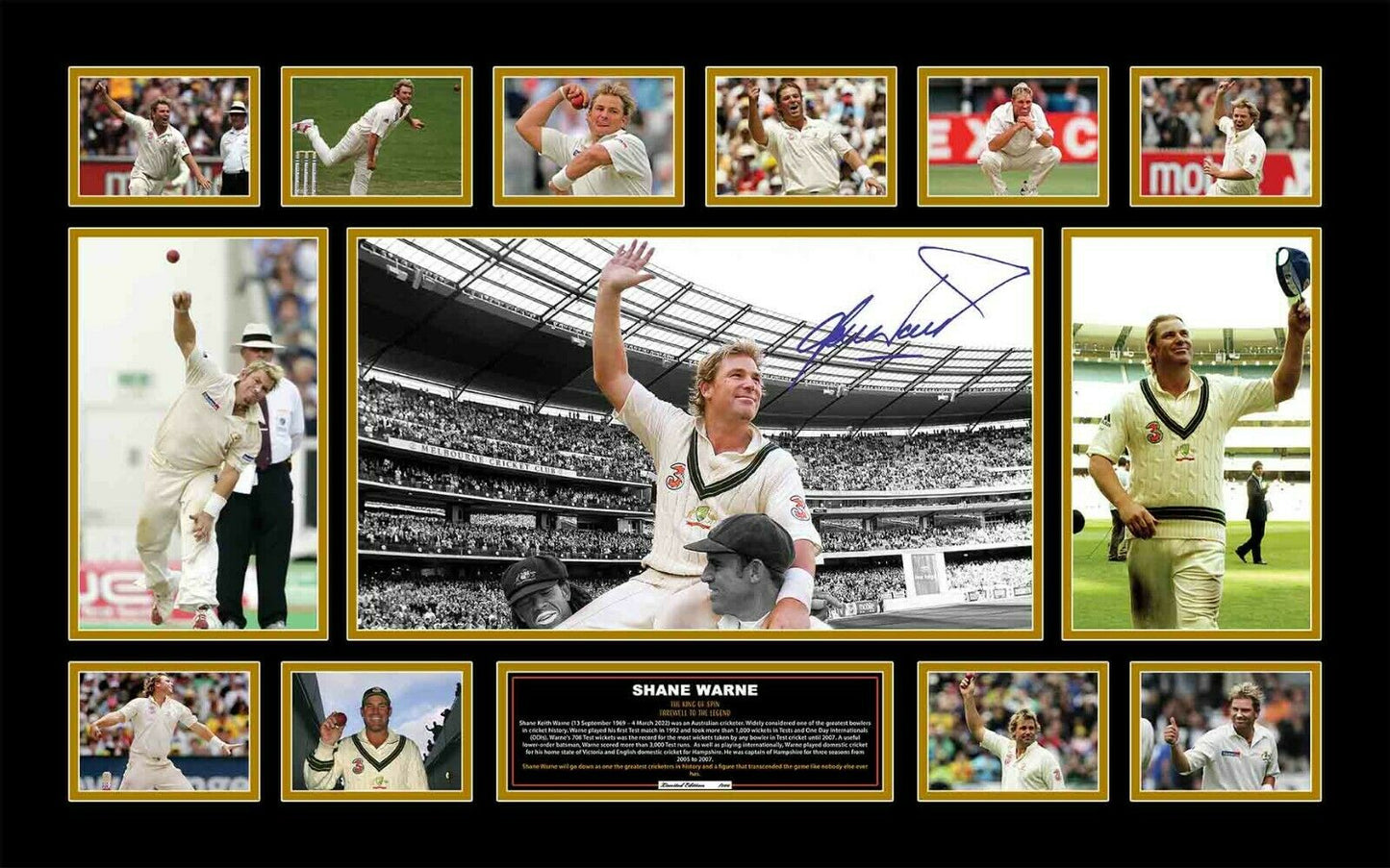 Shane Warne Signed Framed Limited Edition 86cmx56cm Photo Memorabilia Wooden Frame - Homeware Discounts
