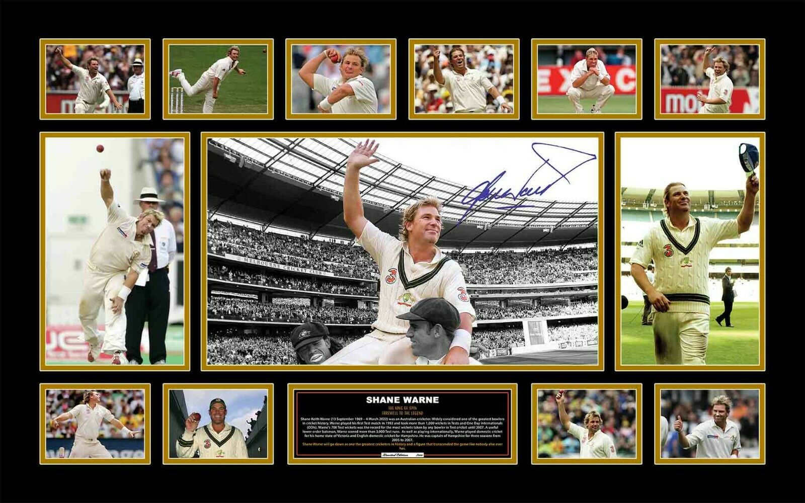 Shane Warne Signed Framed Limited Edition 86cmx56cm Photo Memorabilia Wooden Frame - Homeware Discounts