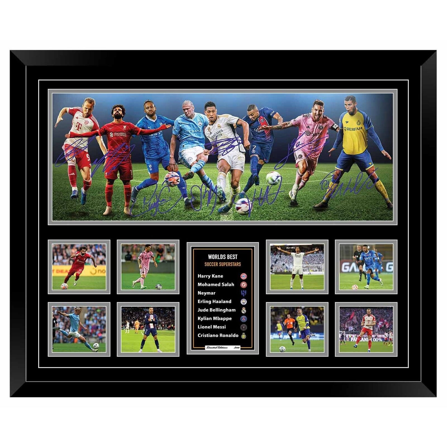 SOCCER STARS Harry Kane Mo Salah Neymar Erling Haaland Jude Bellingham Mbappe Messi Ronaldo Soccer Football Limited Photo Memorabilia Wooden Frame - Homeware Discounts