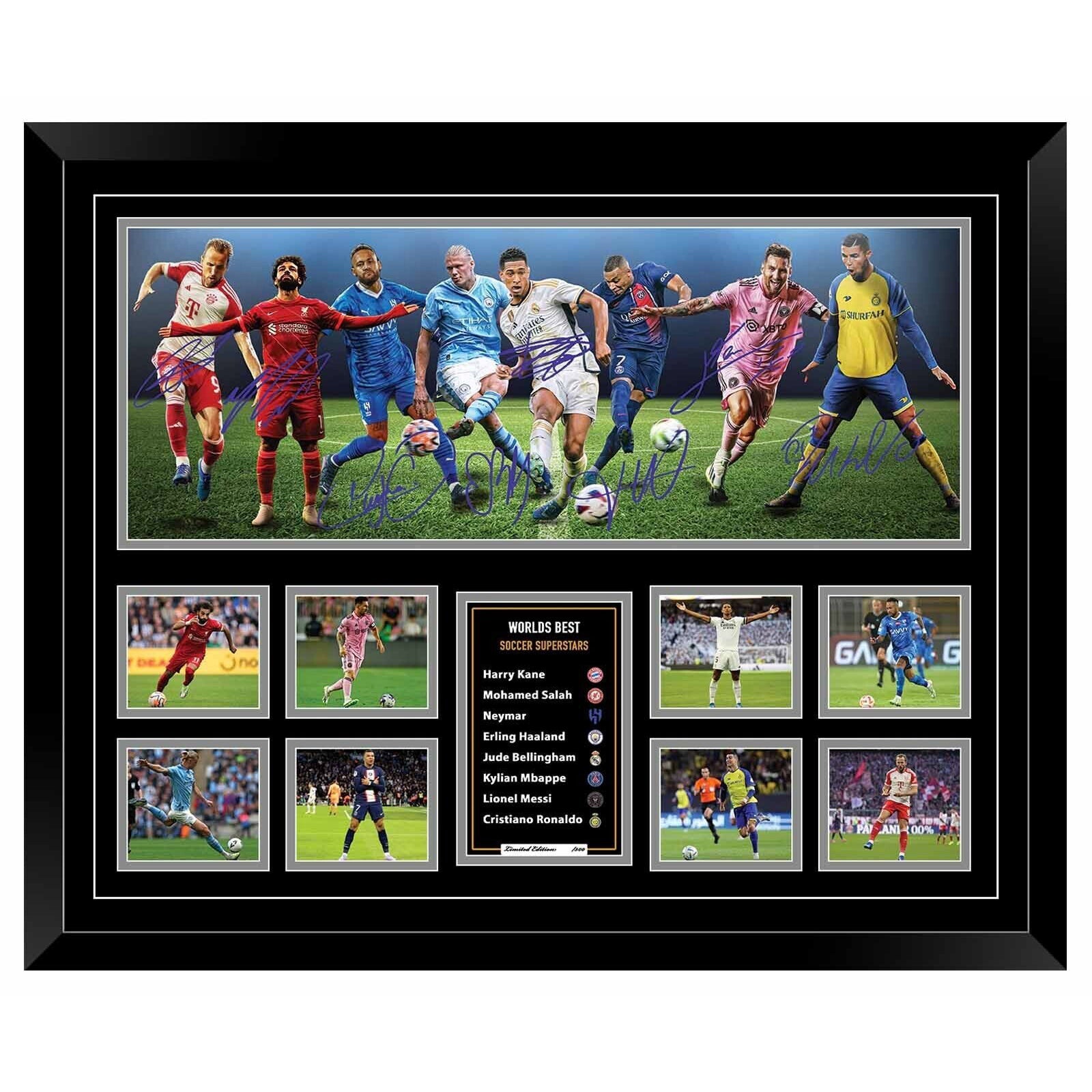 SOCCER STARS Harry Kane Mo Salah Neymar Erling Haaland Jude Bellingham Mbappe Messi Ronaldo Soccer Football Limited Photo Memorabilia Wooden Frame - Homeware Discounts