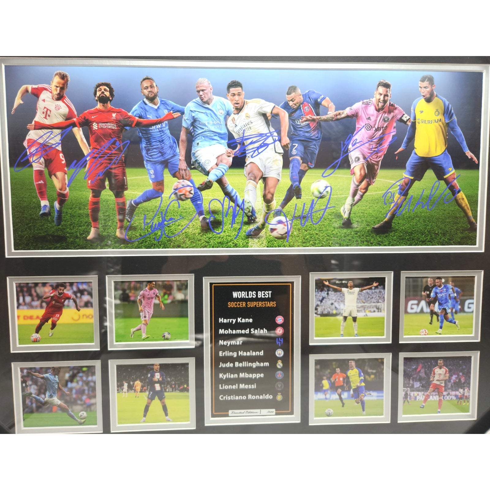 Soccer Stars Harry Kane Mo Salah Neymar Erling Haaland Jude Bellingham Mbappe Messi Ronaldo Soccer Football Limited Photo Memorabilia Wooden Frame - Homeware Discounts