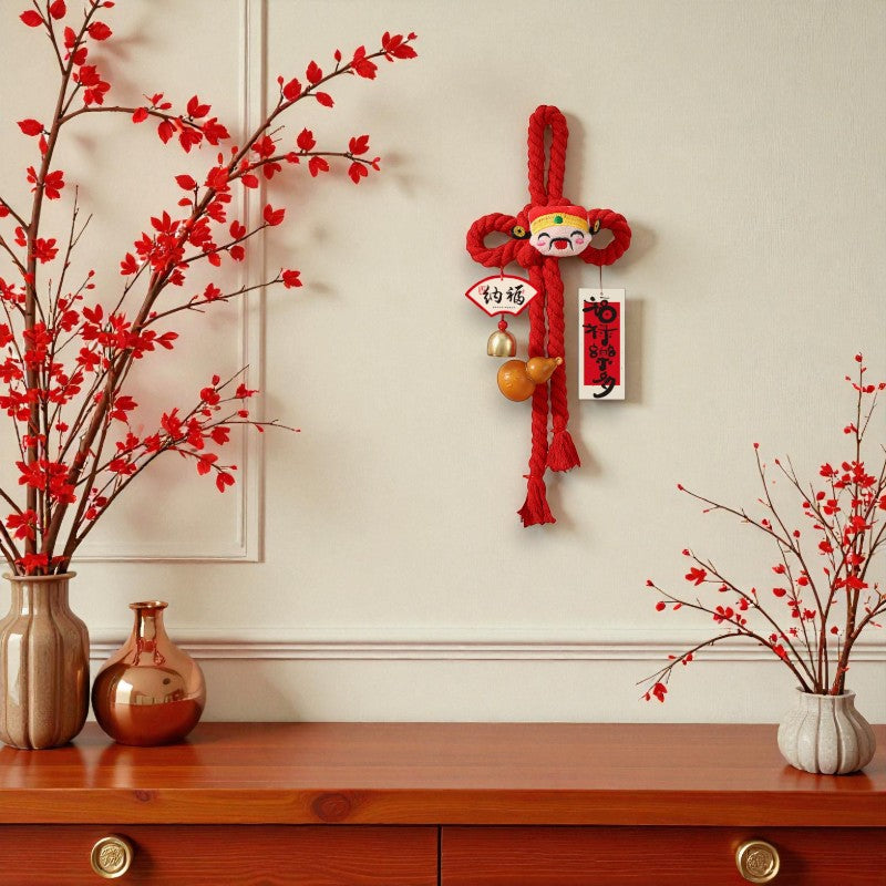 Lunar New Year Chinese Knot- RED God of Wealth Caishen 14x49cm, Handmade Wall Ornaments - My Store