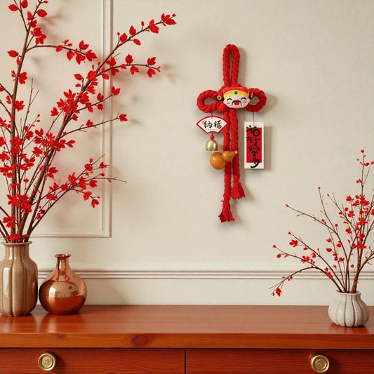 Lunar New Year Chinese Knot- RED God of Wealth Caishen 14x49cm, Handmade Wall Ornaments - My Store