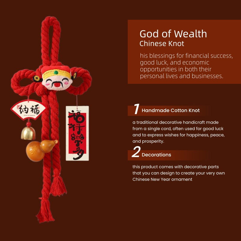 Lunar New Year Chinese Knot- RED God of Wealth Caishen 14x49cm, Handmade Wall Ornaments - My Store