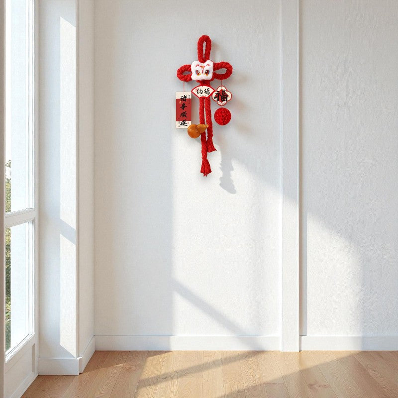 Lunar New Year Chinese Knot- RED Chinese Lion 14x49cm, Handmade Wall Ornaments - My Store