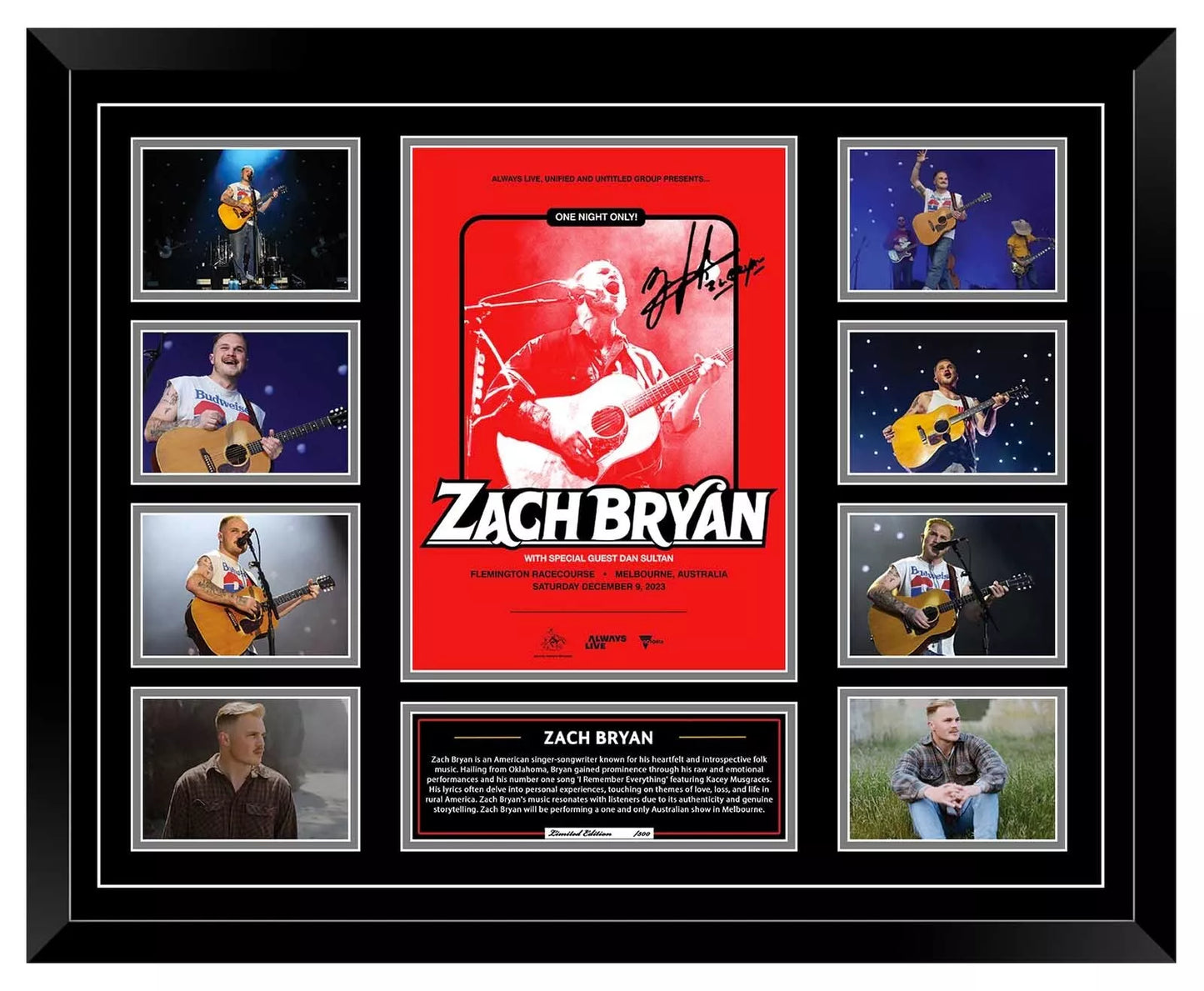 ZACH BRYAN Australia Tour 2023 Signed Limited Photo Memorabilia Frame