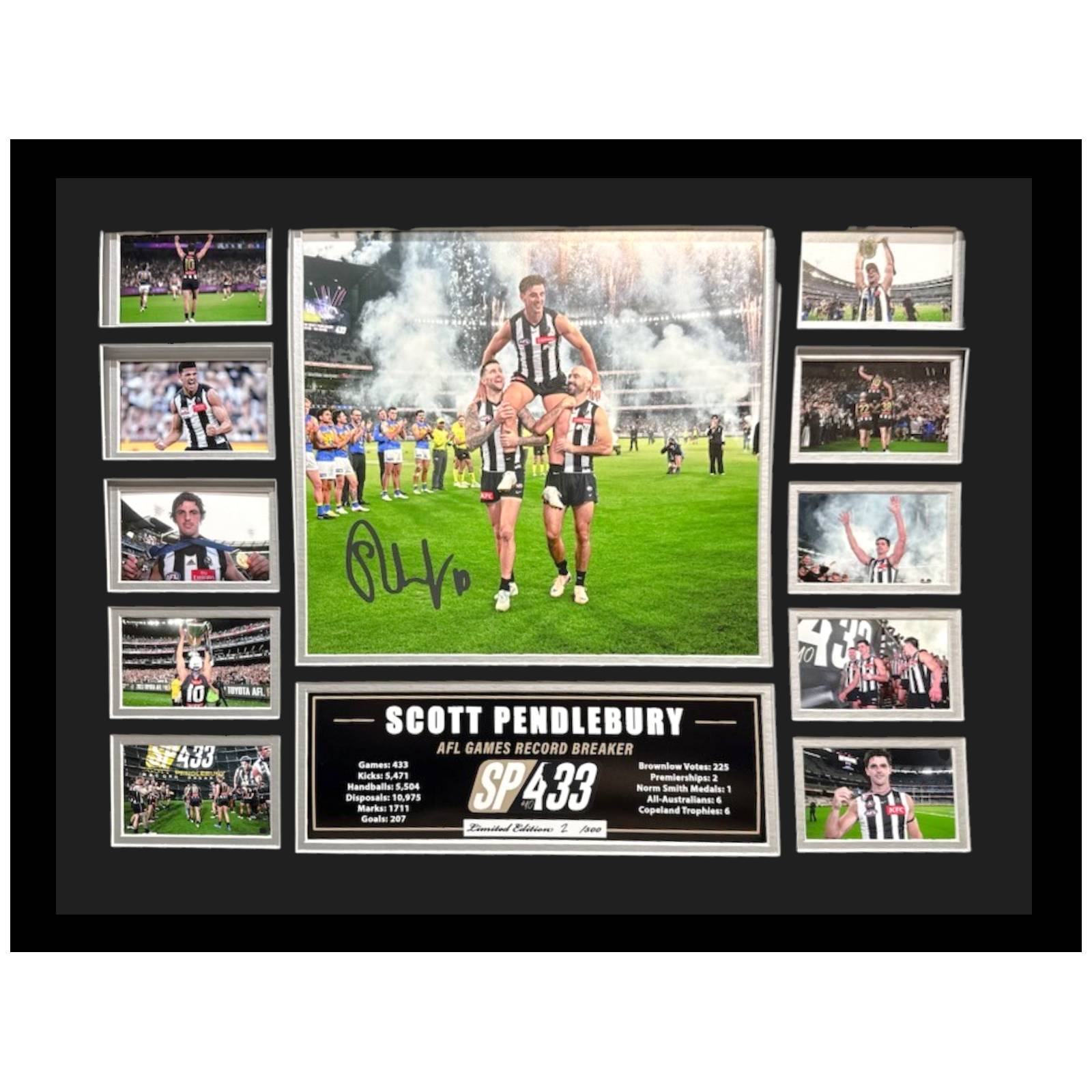 Collingwood FC 433 Games Scott Pendlebury 56CM x 46CM Team Poster Wooden Frame MEMORABILIA - Homeware Hobbies